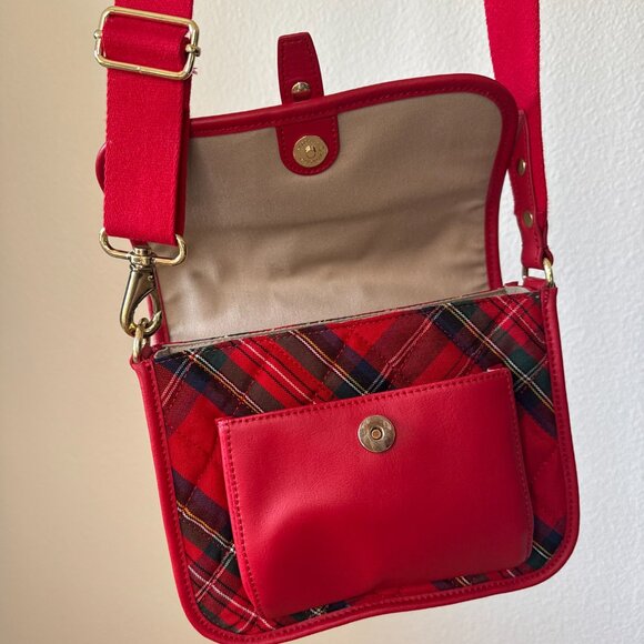 Talbots Red Tartan Plaid Wool Crossbody Bag Leather Flap Holiday Classic - Picture 2 of 15